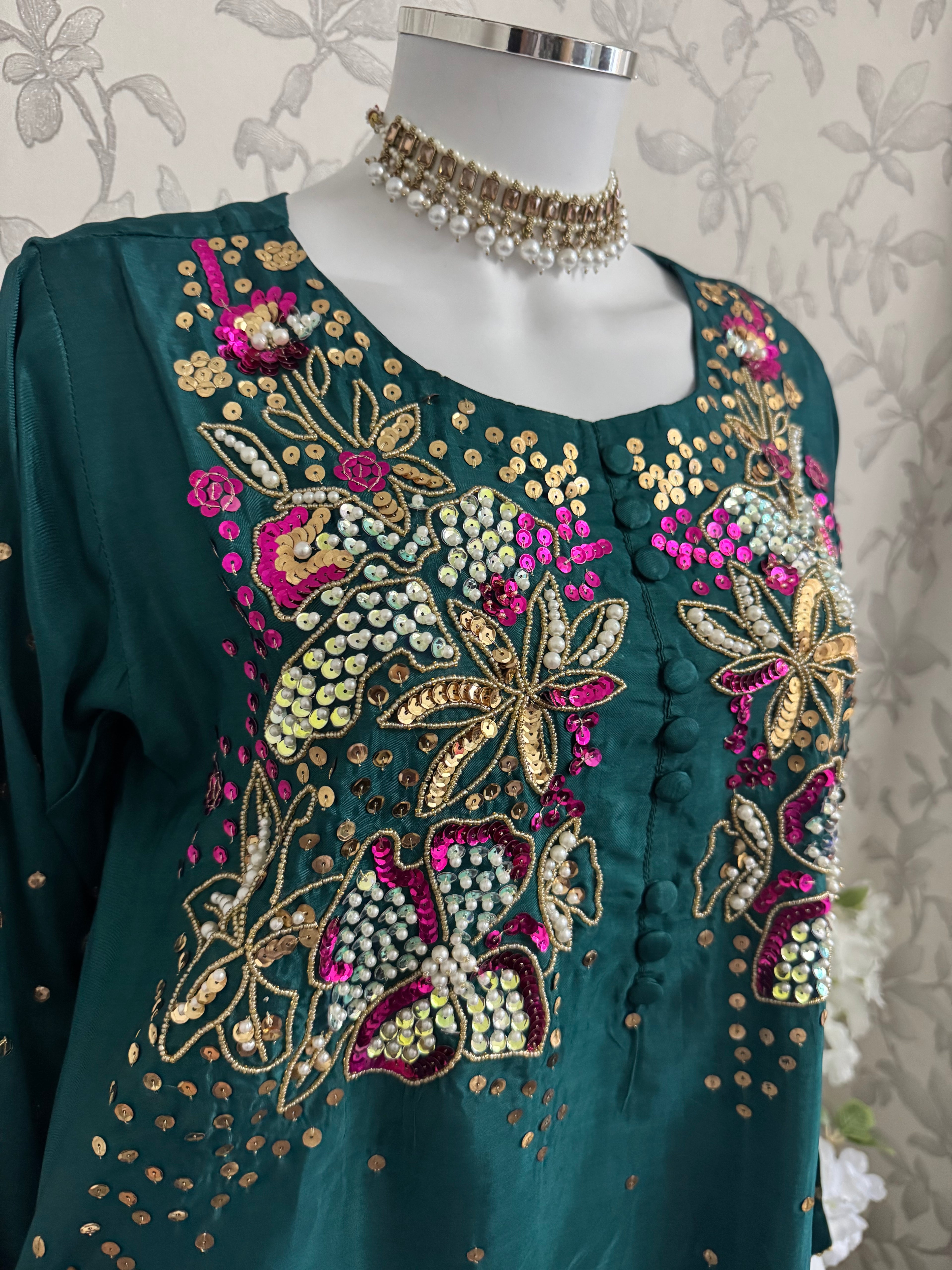 SILKY CHARM Luxury Embroidered Silk Suit with Pearl & Sequin Work