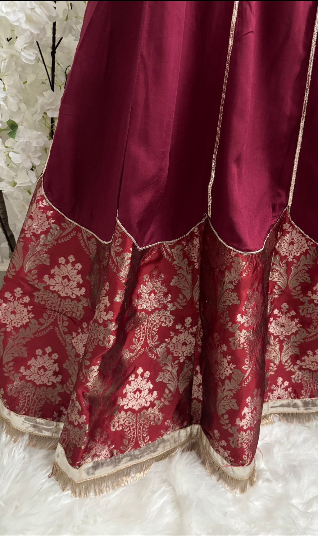 GULAAB…. Deep Maroon Embroidered Pakistani Sharara Suit with Rose Gold Dupatta