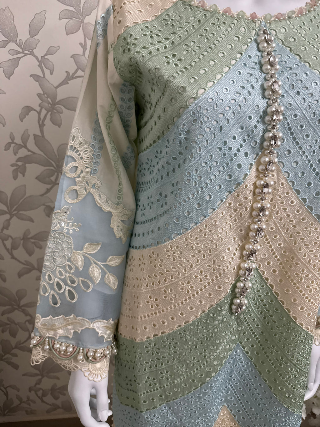 Mint Pearl Luxury Embroidered Suit – 3 Piece Collection