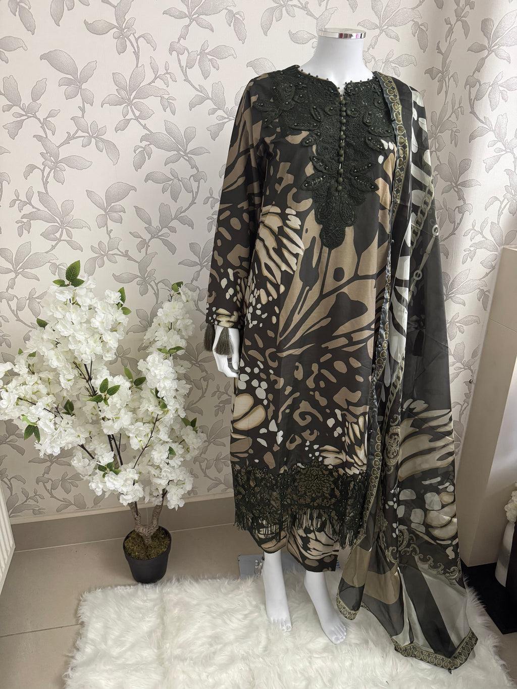 M Prints inspired Embroidered 3-Piece Suit | Pakistani Designer Dress