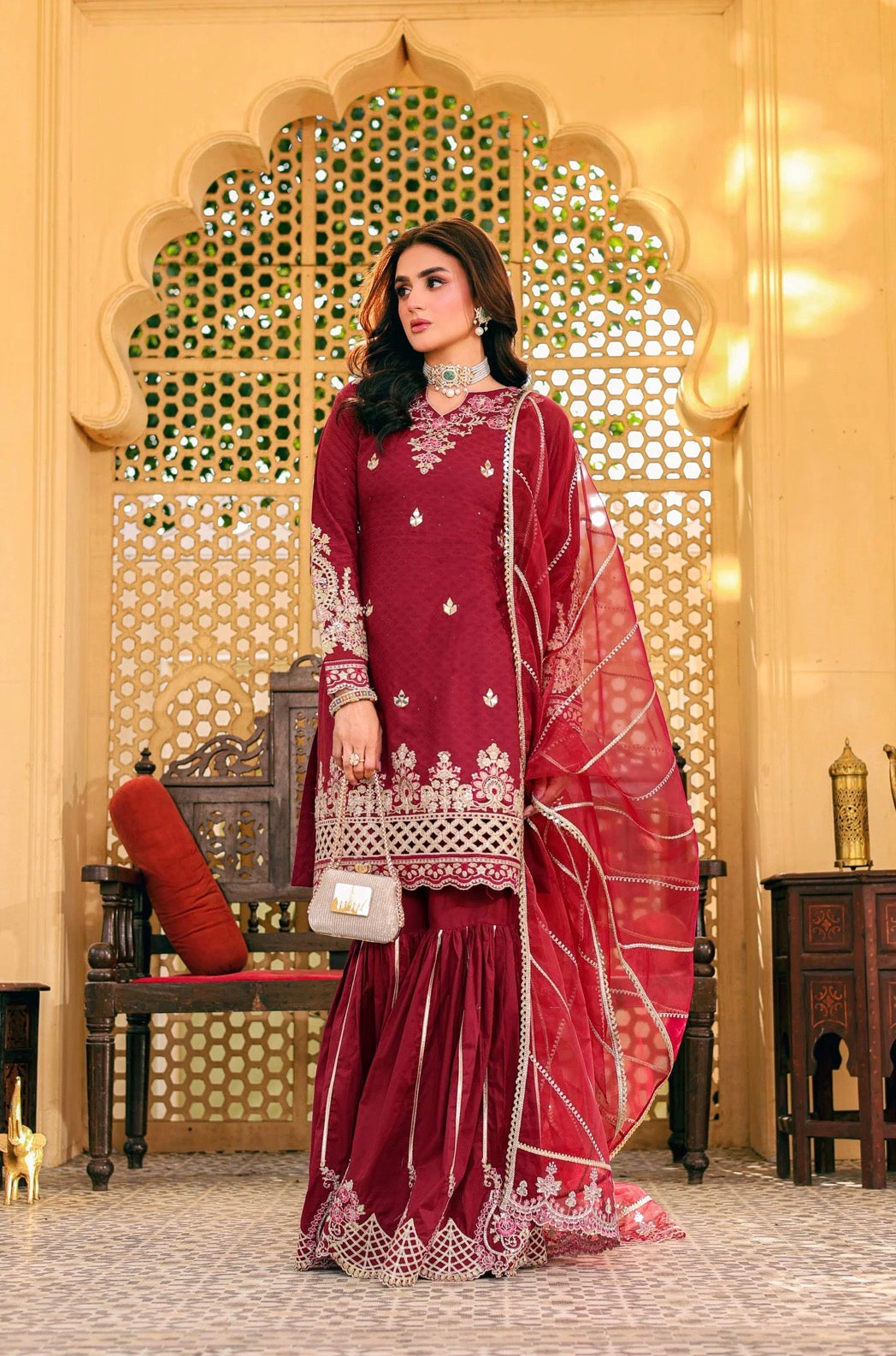 Maroon Embroidered Gharara Suit with organza Dupatta – Luxury Pakistani 3 Piece Set