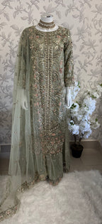 PEARLS Mint Green Luxe Hand-Embellished Pakistani 3 piece Suit