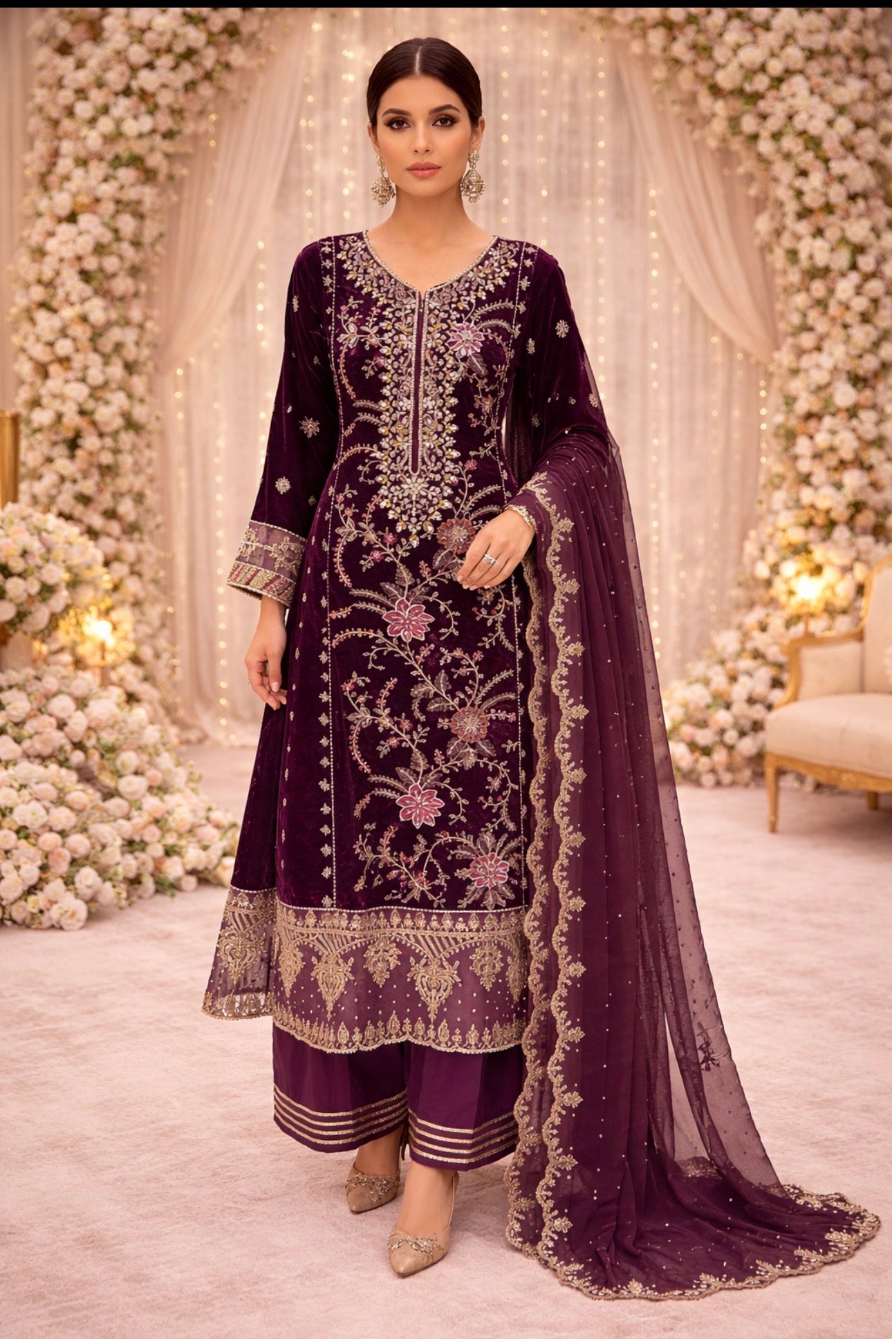 MAHRUKH  heavy Embroidered 3-piece velvet Suit| Pakistani Wedding & Party Wear