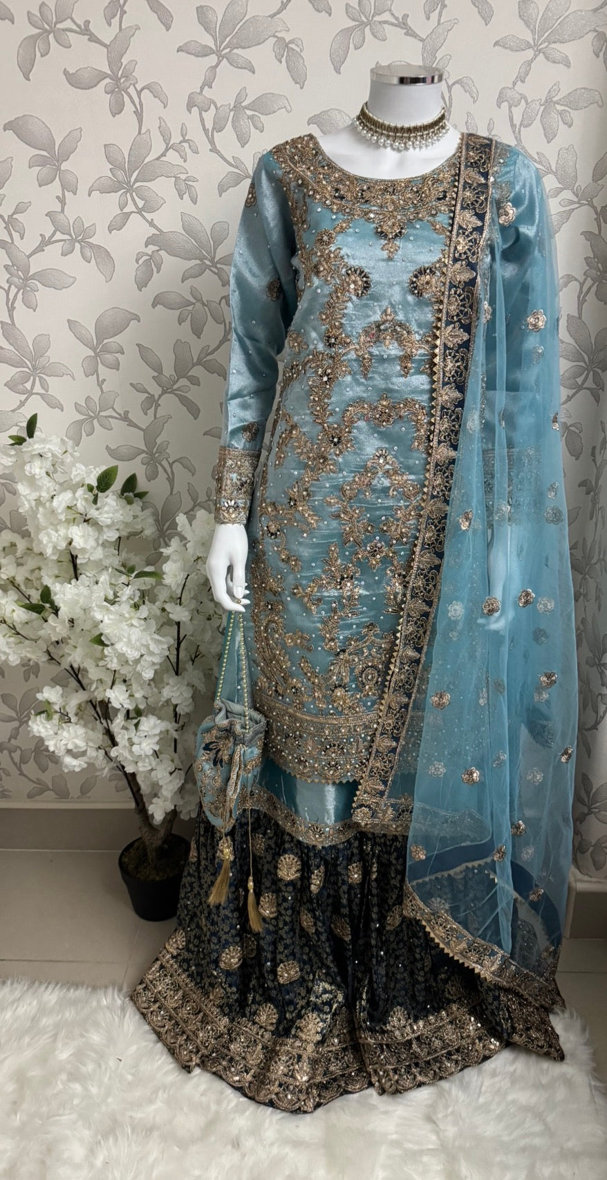 AMAIRA…. Champagne Gold & Maroon Embroidered Pakistani Gharara Suit with Net Dupatta
