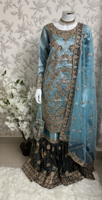 AMAIRA…. Champagne Gold & Maroon Embroidered Pakistani Gharara Suit with Net Dupatta