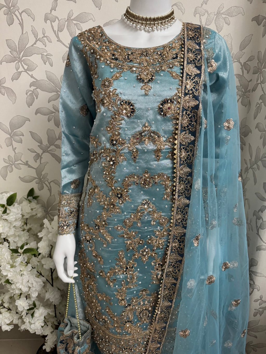 AMAIRA…. Champagne Gold & Maroon Embroidered Pakistani Gharara Suit with Net Dupatta