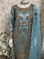 AMAIRA…. Champagne Gold & Maroon Embroidered Pakistani Gharara Suit with Net Dupatta