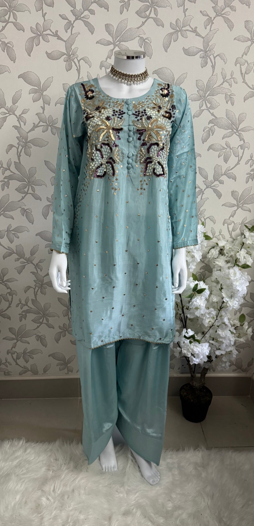 SILKY CHARM Luxury Embroidered Silk Suit with Pearl & Sequin Work