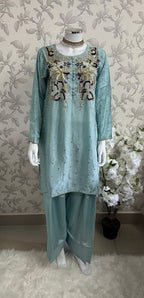 SILKY CHARM Luxury Embroidered Silk Suit with Pearl & Sequin Work