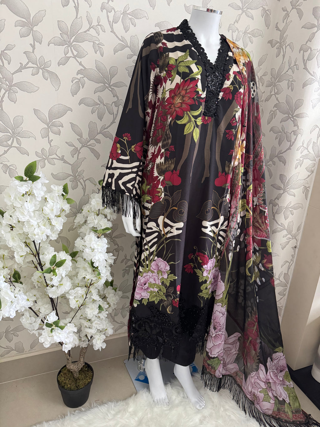 M Prints inspired Embroidered 3-Piece Suit | Pakistani Designer Dress