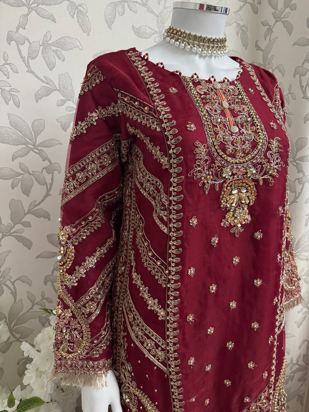 GULAAB…. Deep Maroon Embroidered Pakistani Sharara Suit with Rose Gold Dupatta