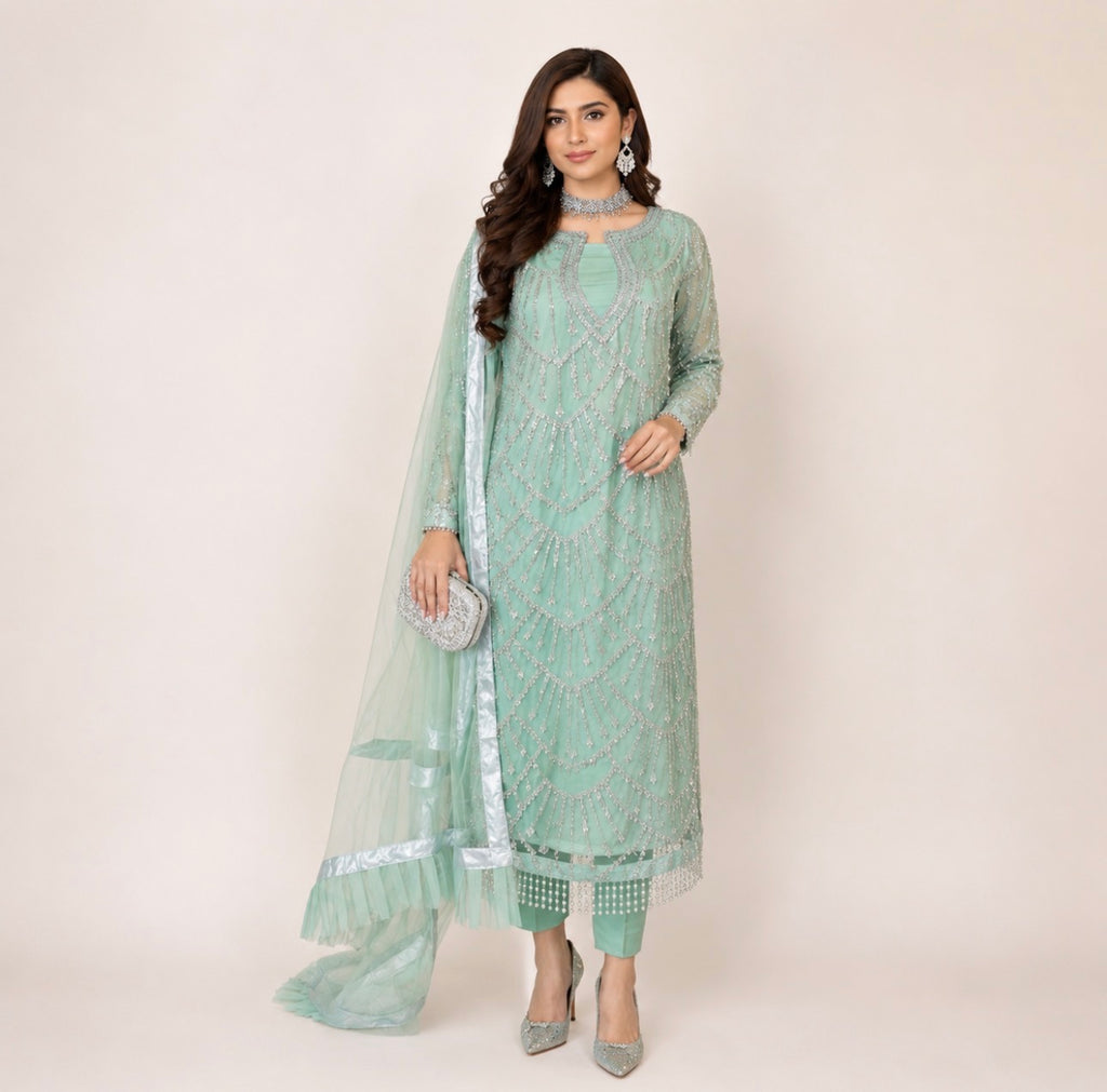 CUT DANA Luxury Silver Embellished Suit with Net Duppatta-3 Piece suit