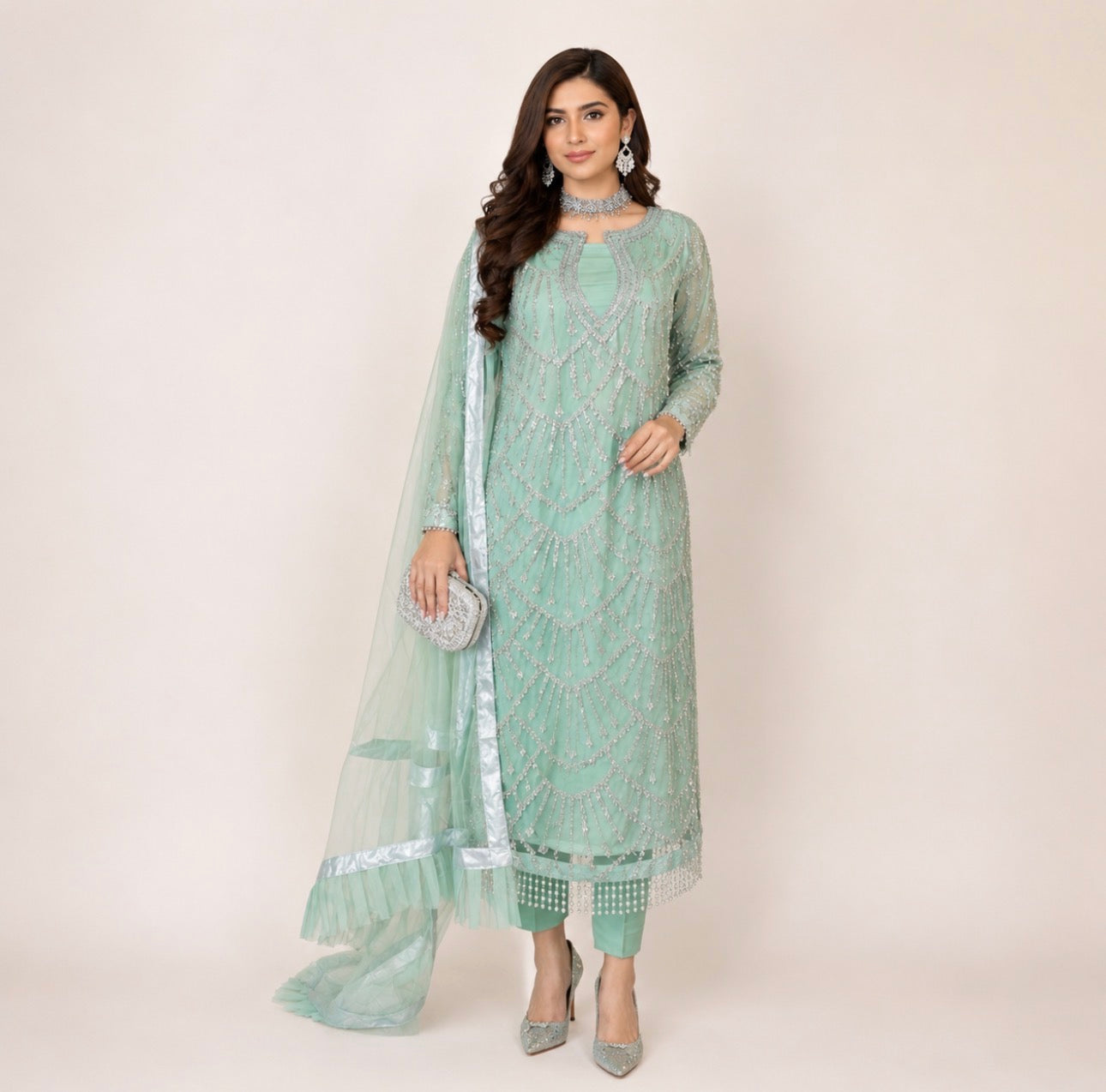 CUT DANA Luxury Silver Embellished Suit with Net Duppatta-3 Piece suit