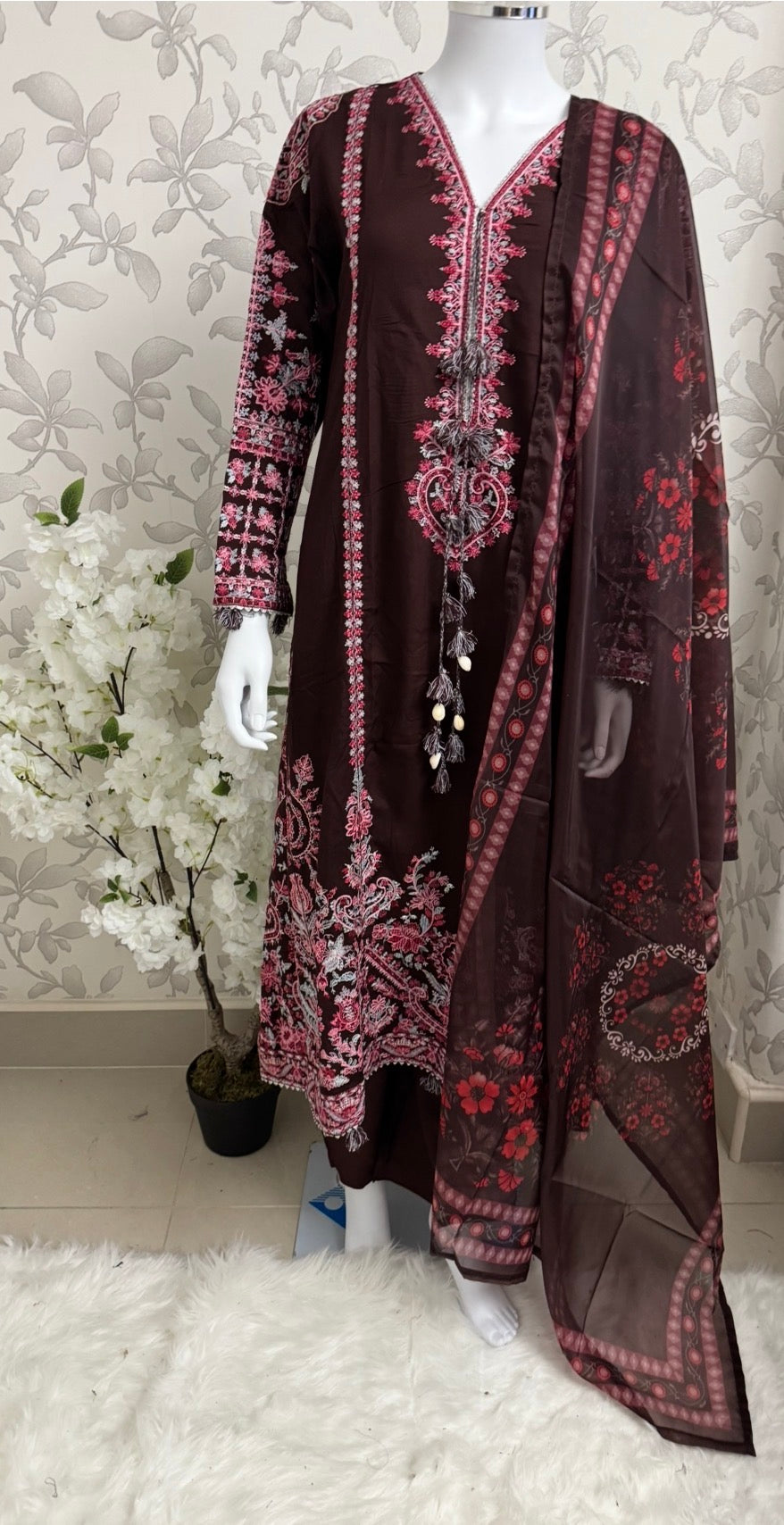 HUSN-E-EID Elegance Brown Embroidered Pakistani Suit with Printed Dupatta