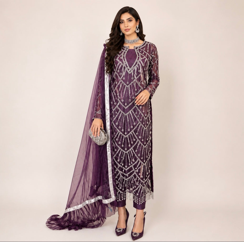 CUT DANA Luxury Silver Embellished Suit with Net Duppatta-3 Piece suit