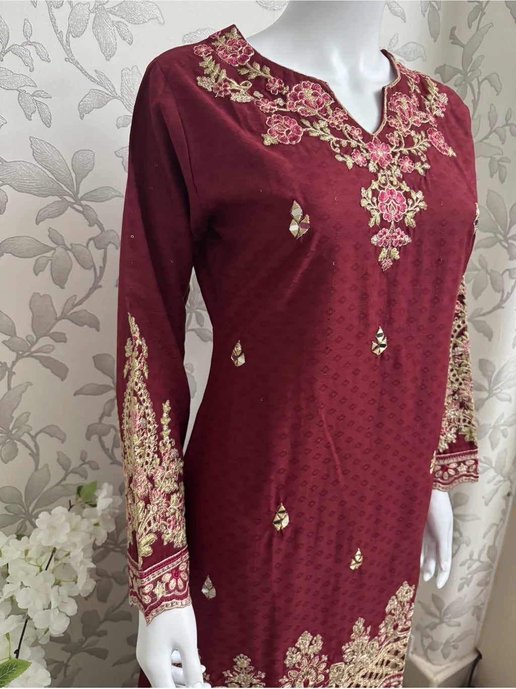 Maroon Embroidered Gharara Suit with organza Dupatta – Luxury Pakistani 3 Piece Set