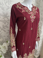 Maroon Embroidered Gharara Suit with organza Dupatta – Luxury Pakistani 3 Piece Set