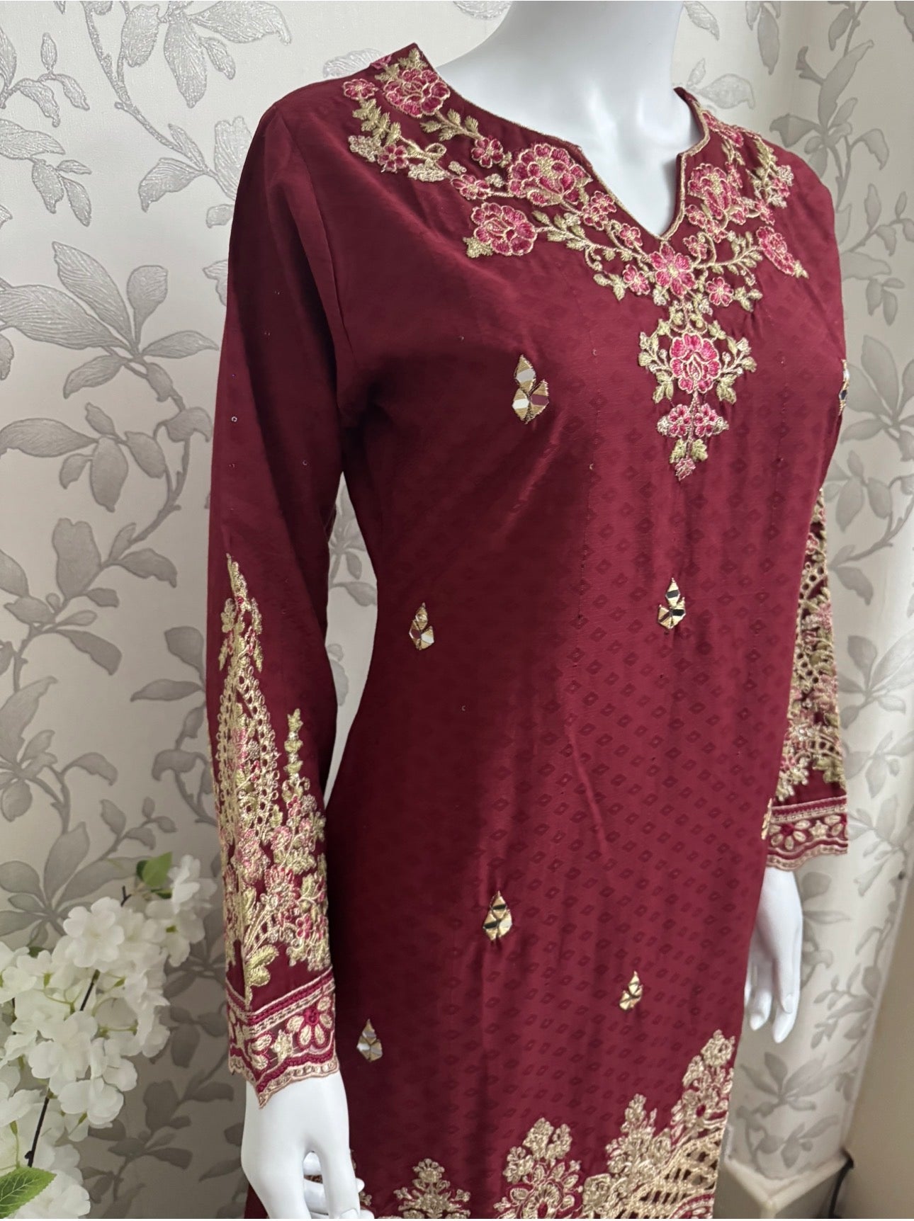 Maroon Embroidered Gharara Suit with organza Dupatta – Luxury Pakistani 3 Piece Set