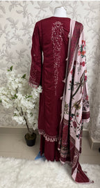 HUSN-E-EID Maroon Embroidered Pakistani 3 piece suit