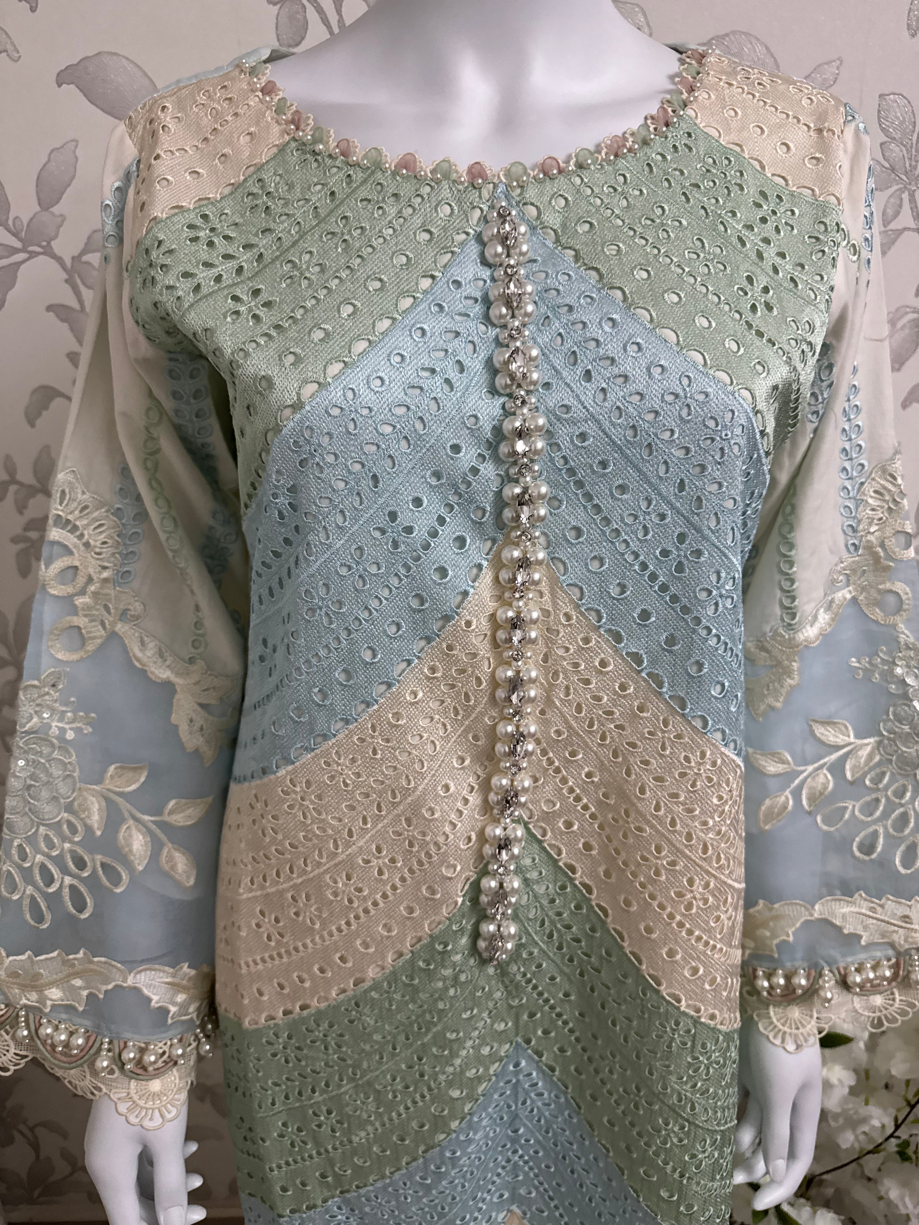 Mint Pearl Luxury Embroidered Suit – 3 Piece Collection