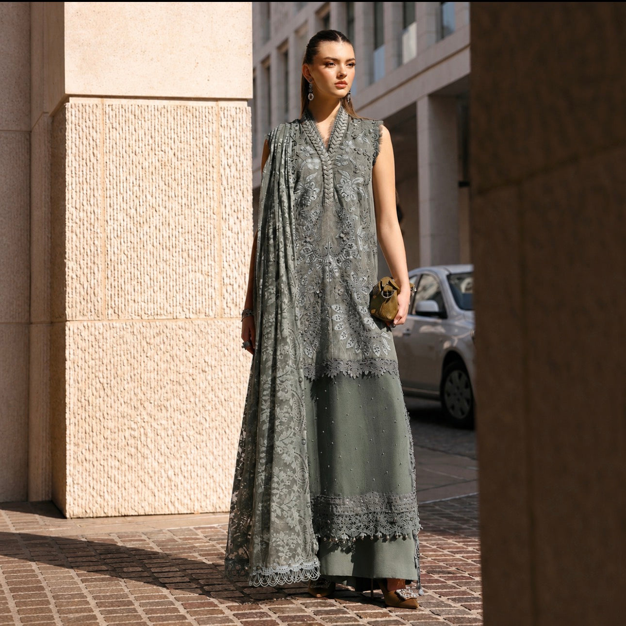 Sage Elegance Luxury Embroidered Suit – 3 Piece Collection