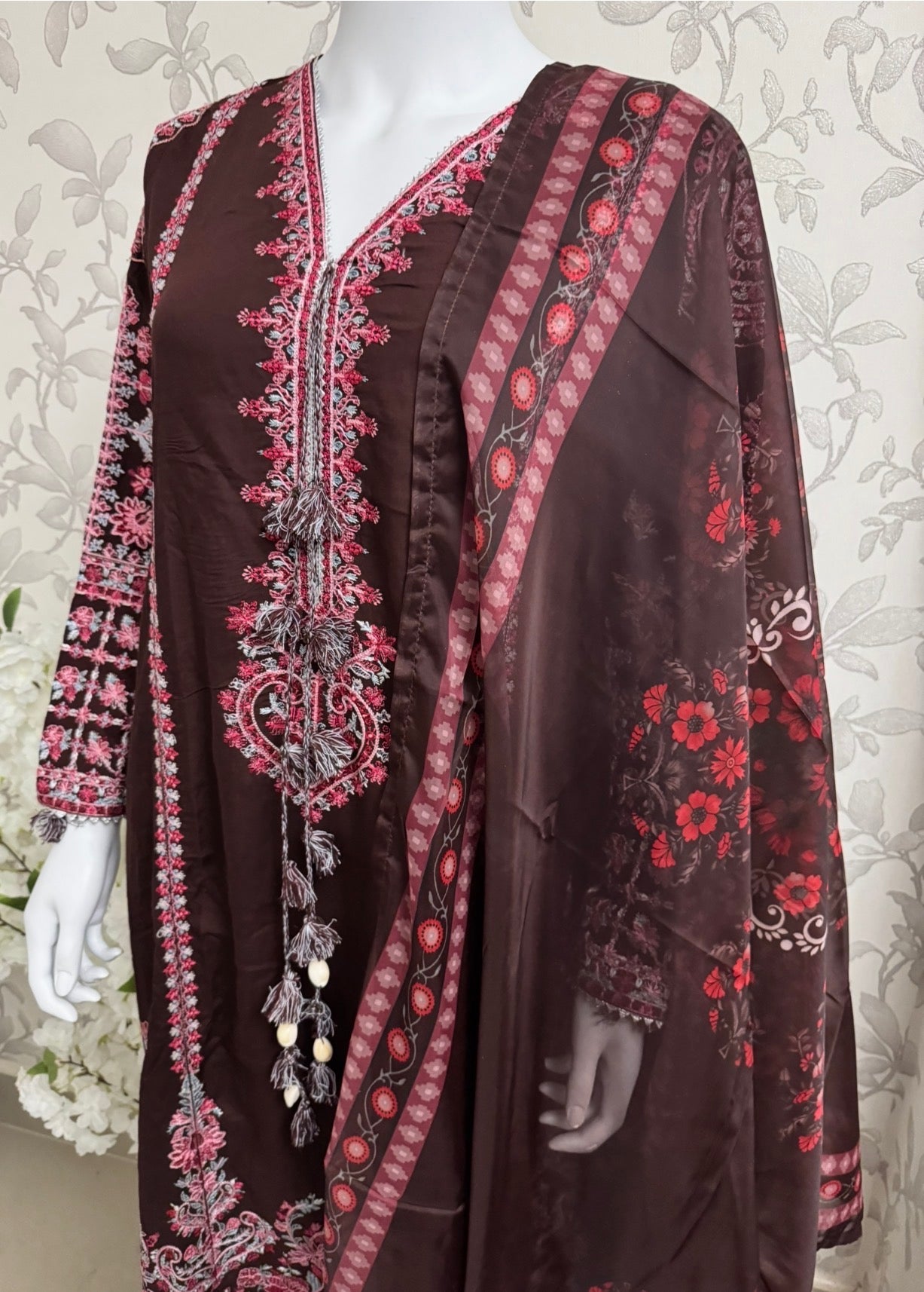 HUSN-E-EID Elegance Brown Embroidered Pakistani Suit with Printed Dupatta