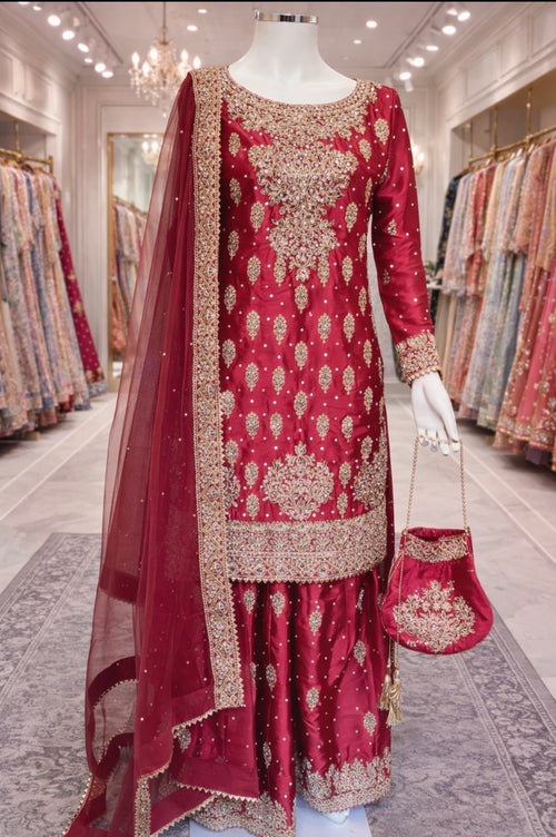 RANGOLI Heavy Embroidered 4 piece Silk Suit | Pakistani Designer Wedding Wear