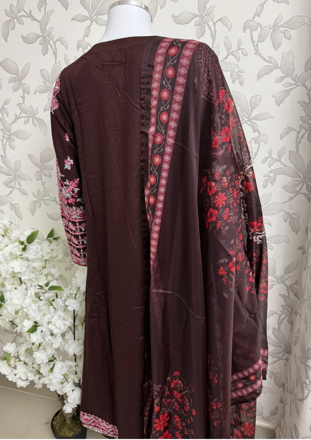 HUSN-E-EID Elegance Brown Embroidered Pakistani Suit with Printed Dupatta