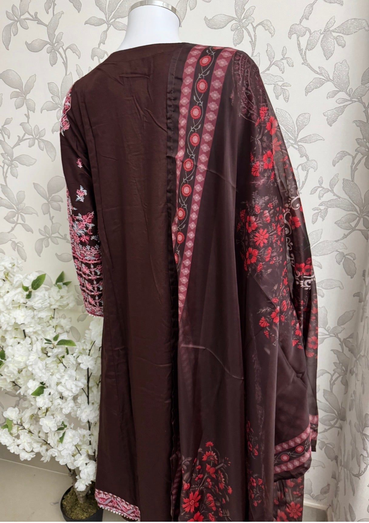 HUSN-E-EID Elegance Brown Embroidered Pakistani Suit with Printed Dupatta
