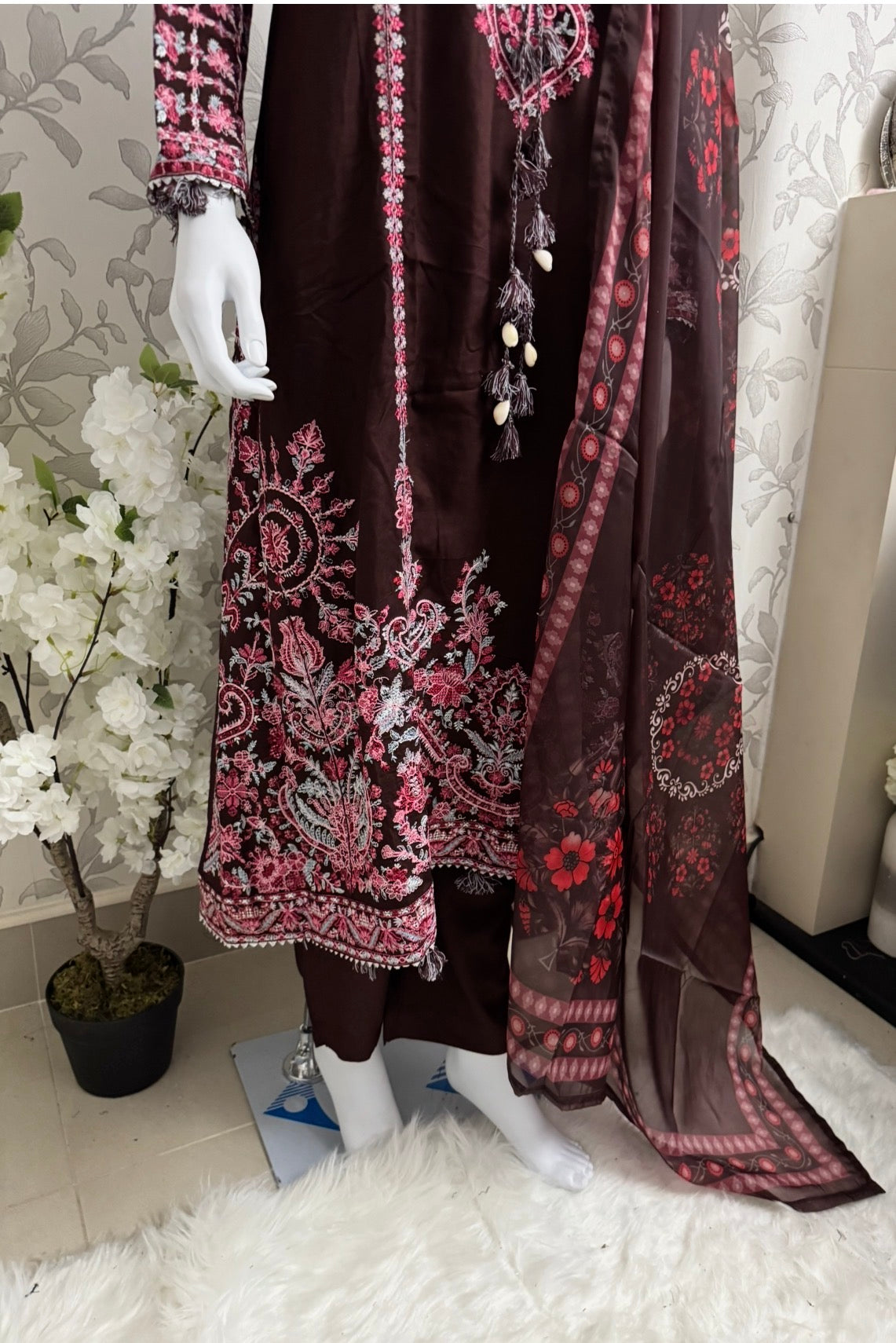 HUSN-E-EID Elegance Brown Embroidered Pakistani Suit with Printed Dupatta