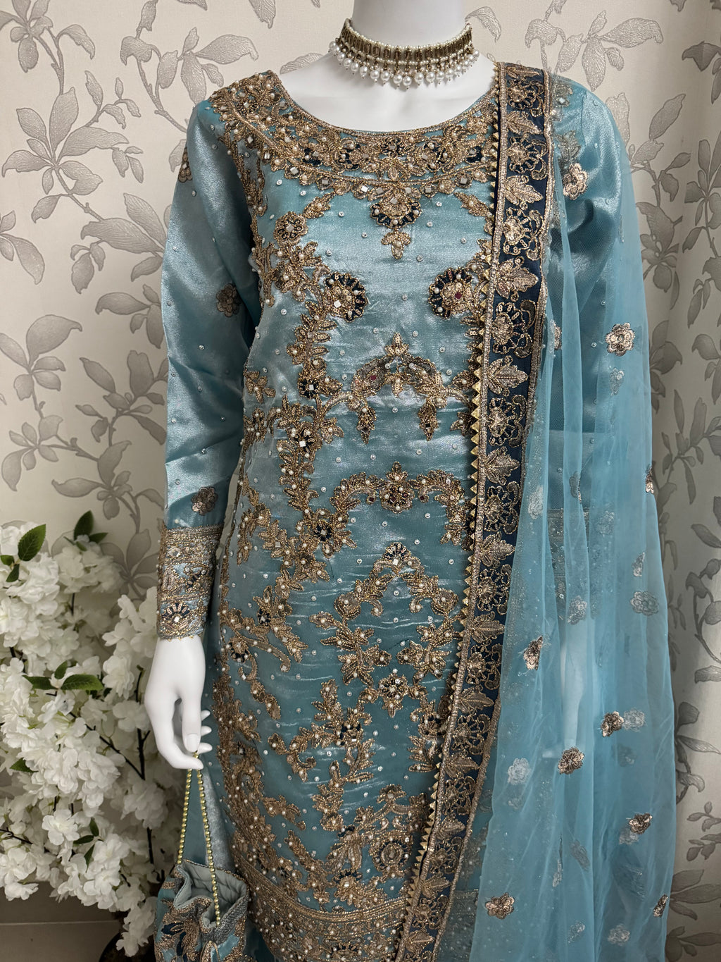 AMAIRA…. Champagne Gold & Maroon Embroidered Pakistani Gharara Suit with Net Dupatta