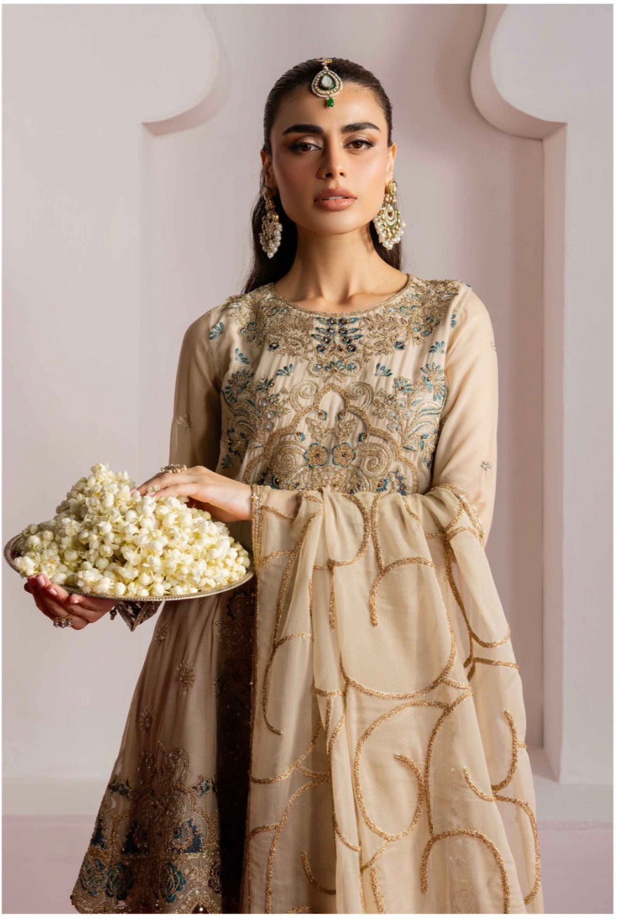 ALANI Champagne Beige Embroidered Peplum Suit | Luxury Pakistani 3 Piece Palazzo Set
