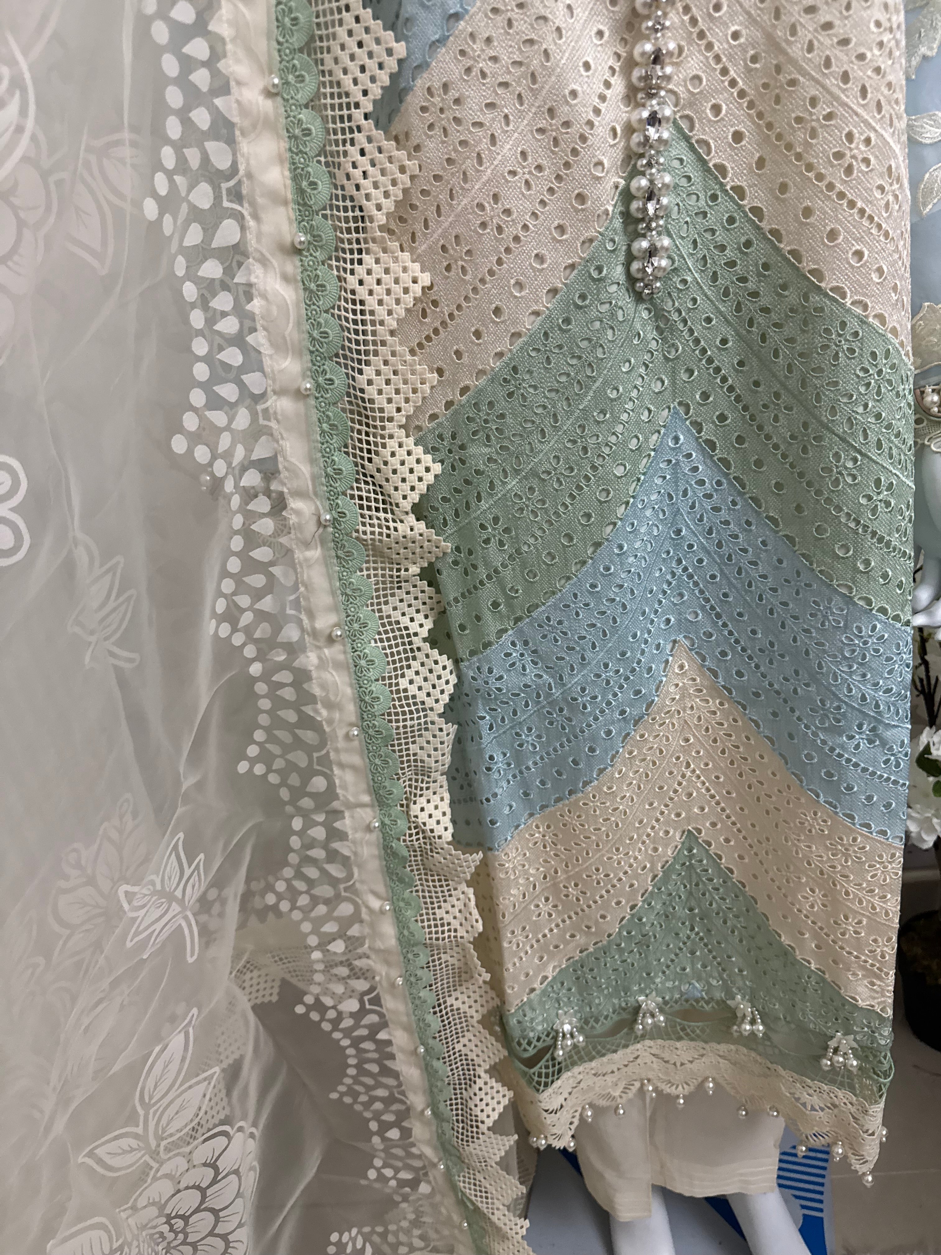 Mint Pearl Luxury Embroidered Suit – 3 Piece Collection