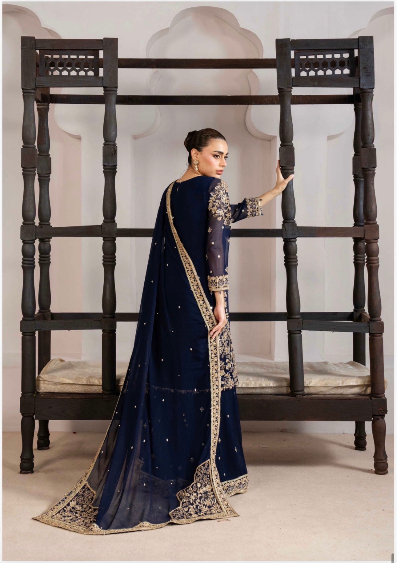 ALANI Navy Blue Luxury Embroidered Gharara Suit | Pakistani Wedding & Party Wear