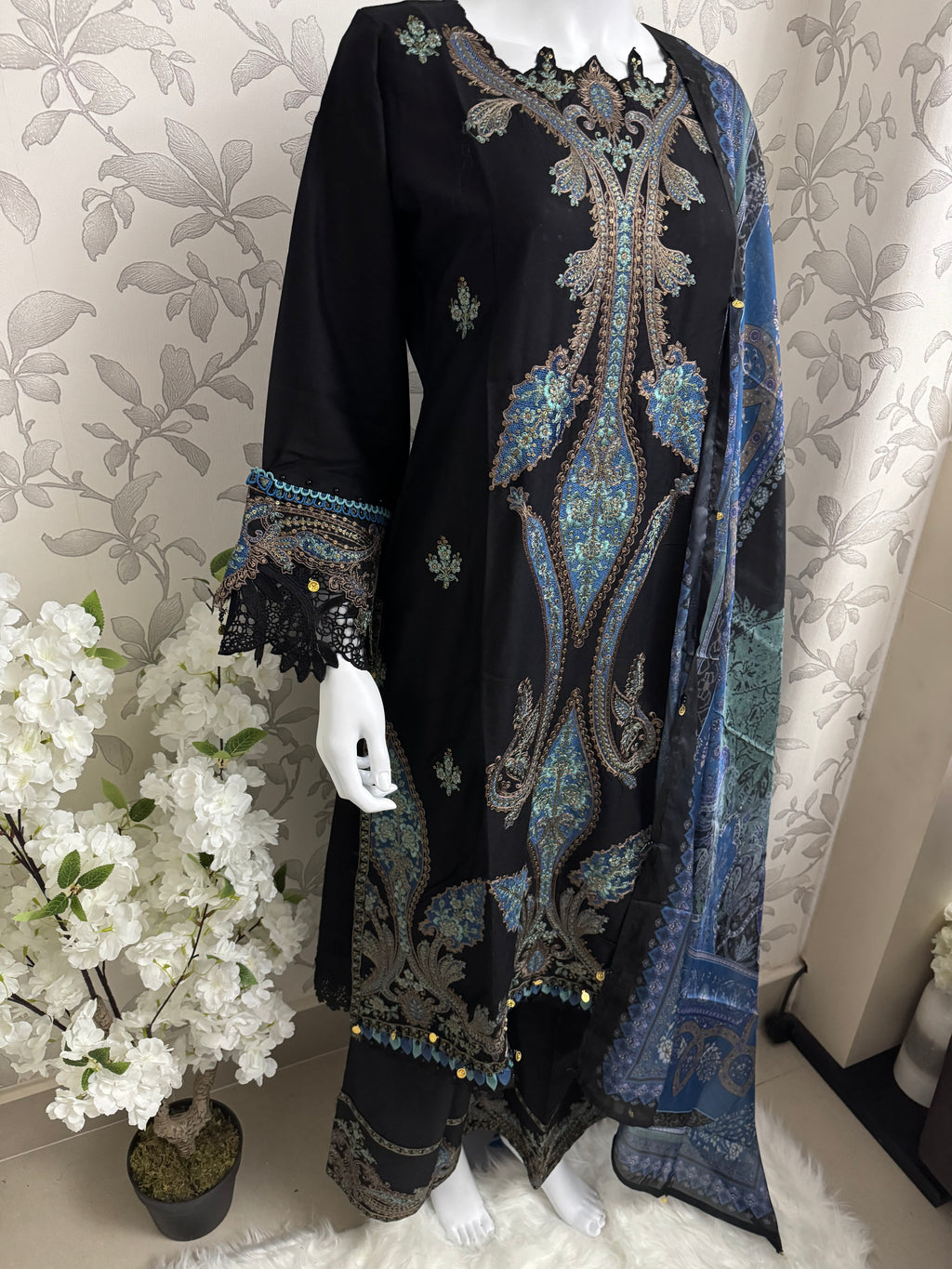 M Prints 6B inspired Embroidered 3-Piece Suit | Pakistani Designer Dress