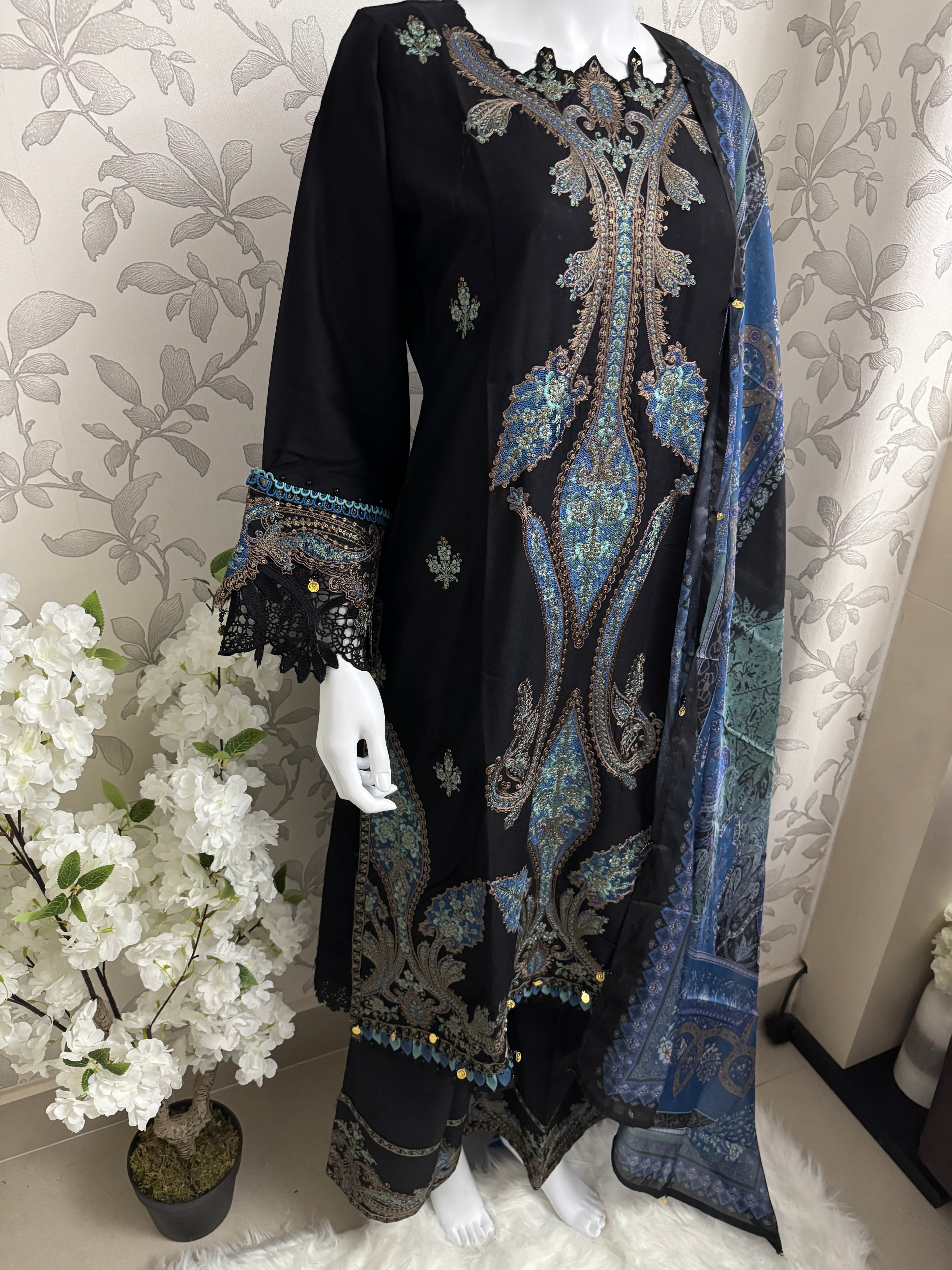 M Prints 6B inspired Embroidered 3-Piece Suit | Pakistani Designer Dress