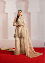 ALANI Champagne Beige Embroidered Peplum Suit | Luxury Pakistani 3 Piece Palazzo Set