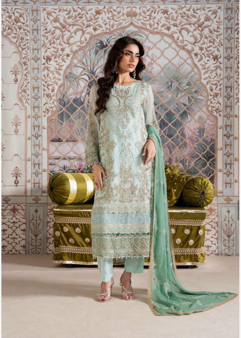 ALANI Pastel Mint Green Embroidered Pakistani Suit – Luxury 3 Piece Designer Set
