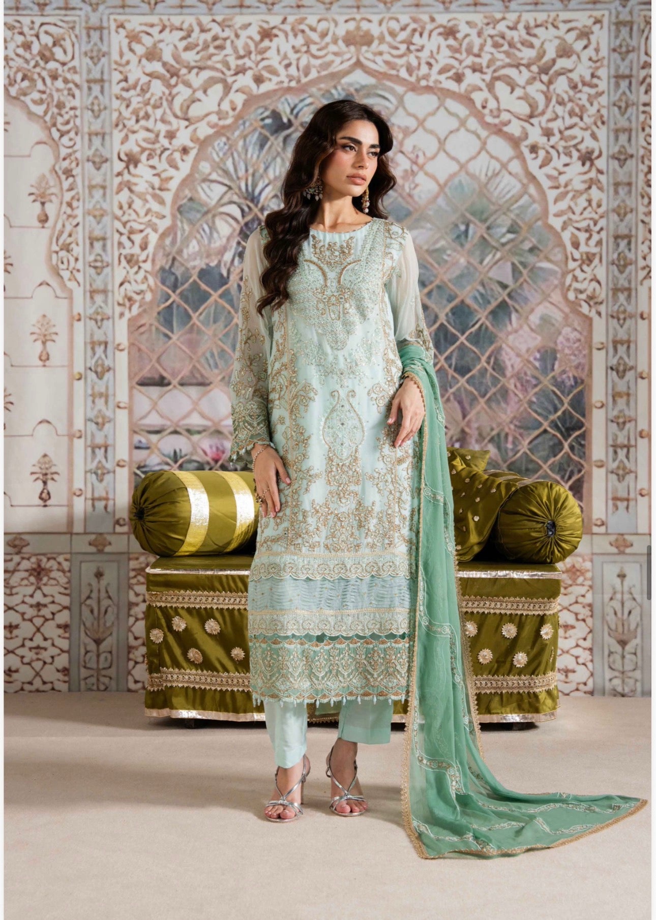 ALANI Pastel Mint Green Embroidered Pakistani Suit – Luxury 3 Piece Designer Set