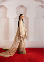 ALANI Champagne Beige Embroidered Peplum Suit | Luxury Pakistani 3 Piece Palazzo Set