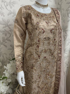 AMAIRA…. Champagne Gold & Maroon Embroidered Pakistani Gharara Suit with Net Dupatta