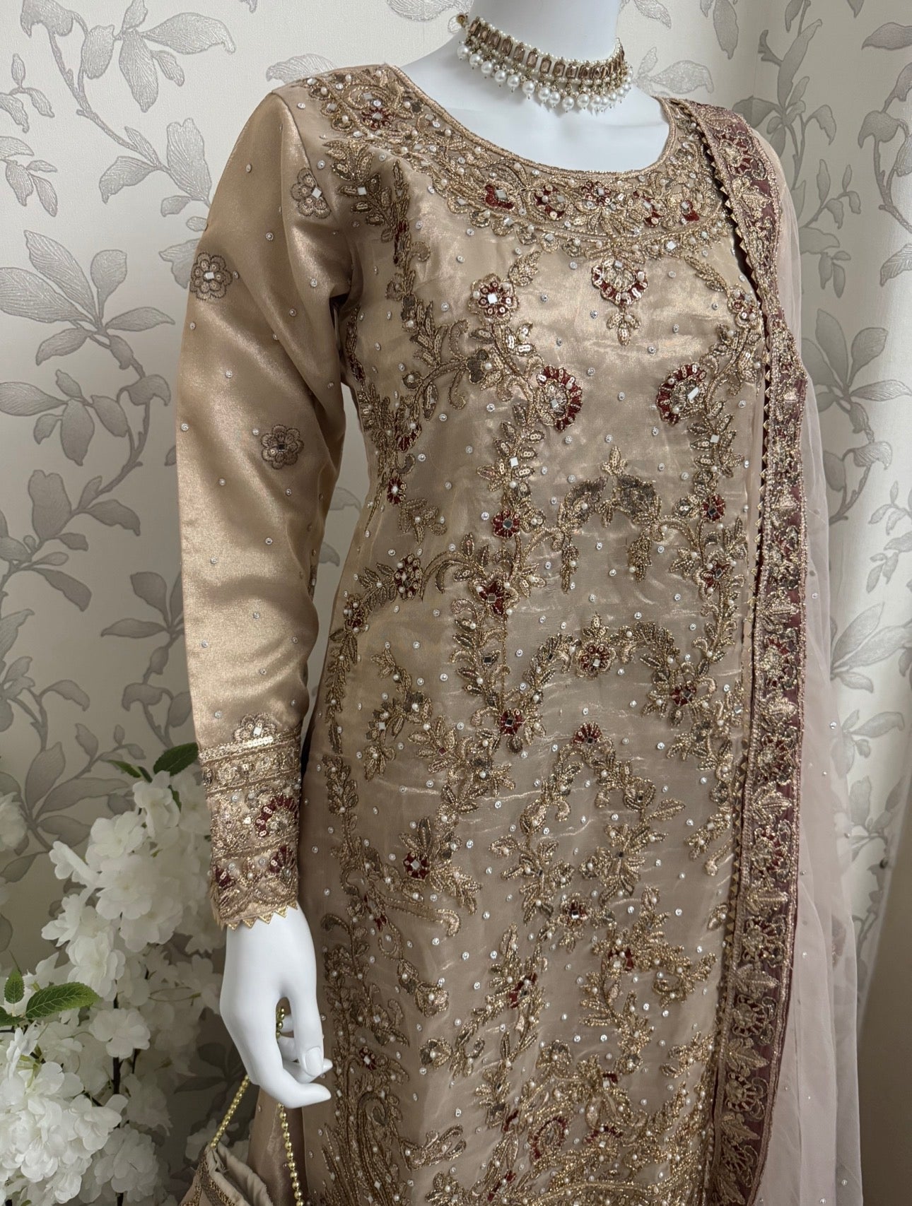 AMAIRA…. Champagne Gold & Maroon Embroidered Pakistani Gharara Suit with Net Dupatta