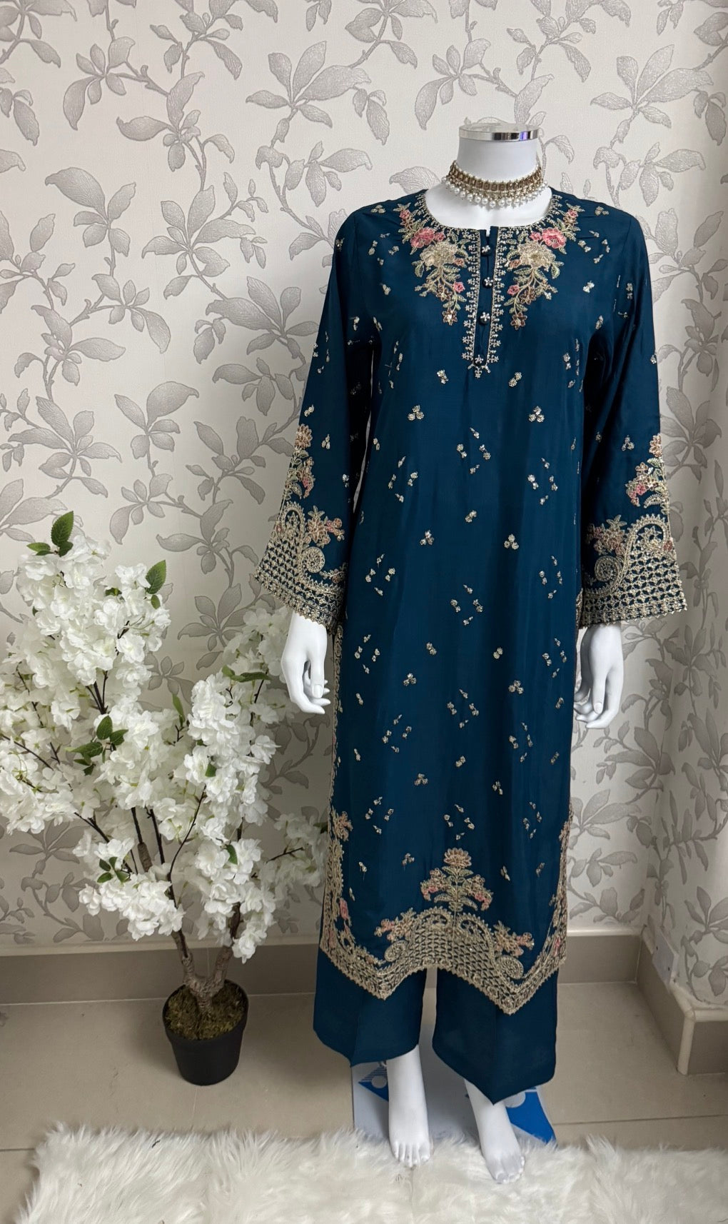 Teal Blue Embroidered Pakistani 3 Piece Suit – Luxury Eid Festive Wear