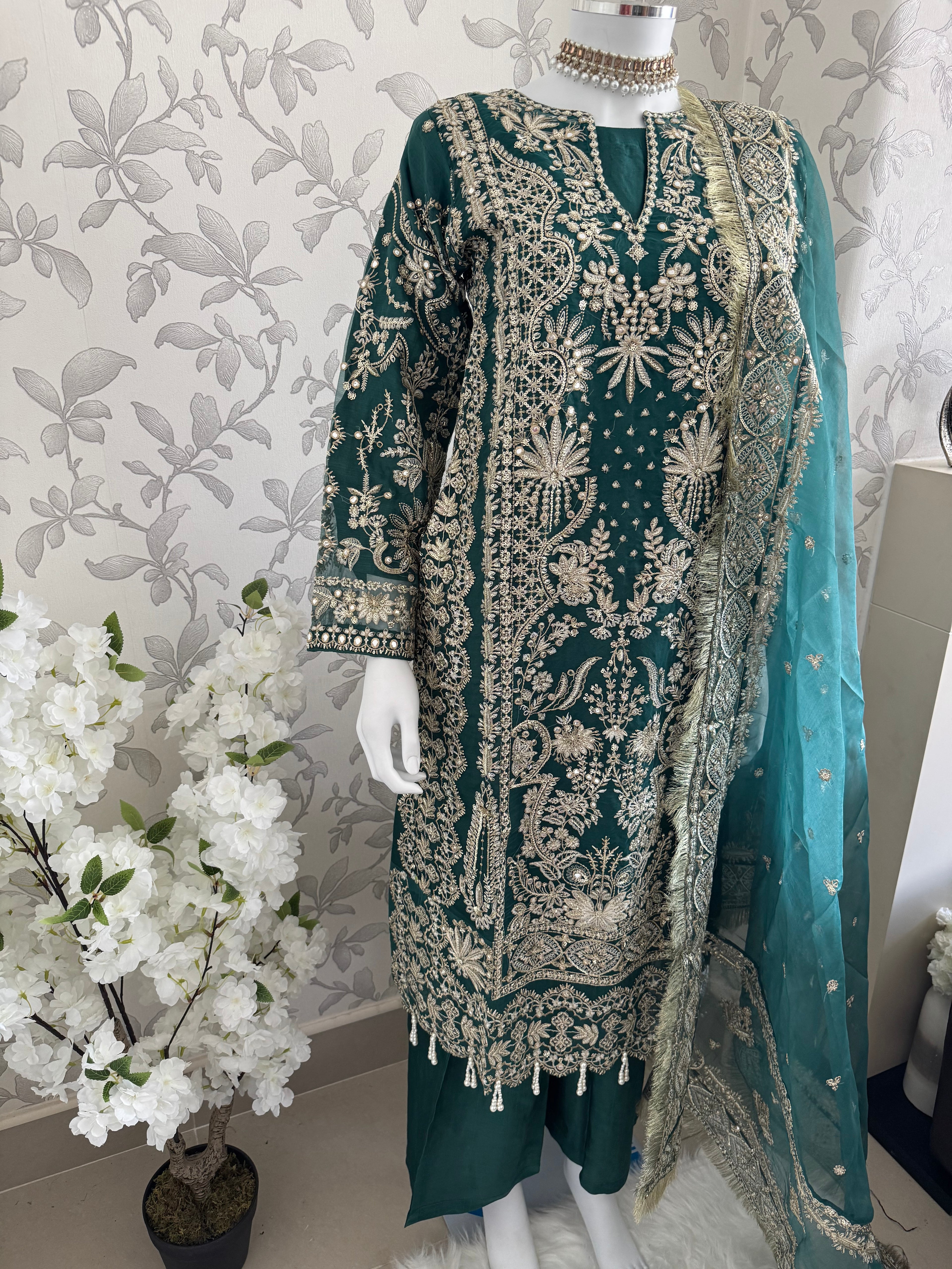 AFROZ Emerald Embroidered Organza Suit | Pakistani Wedding & Formal Dress