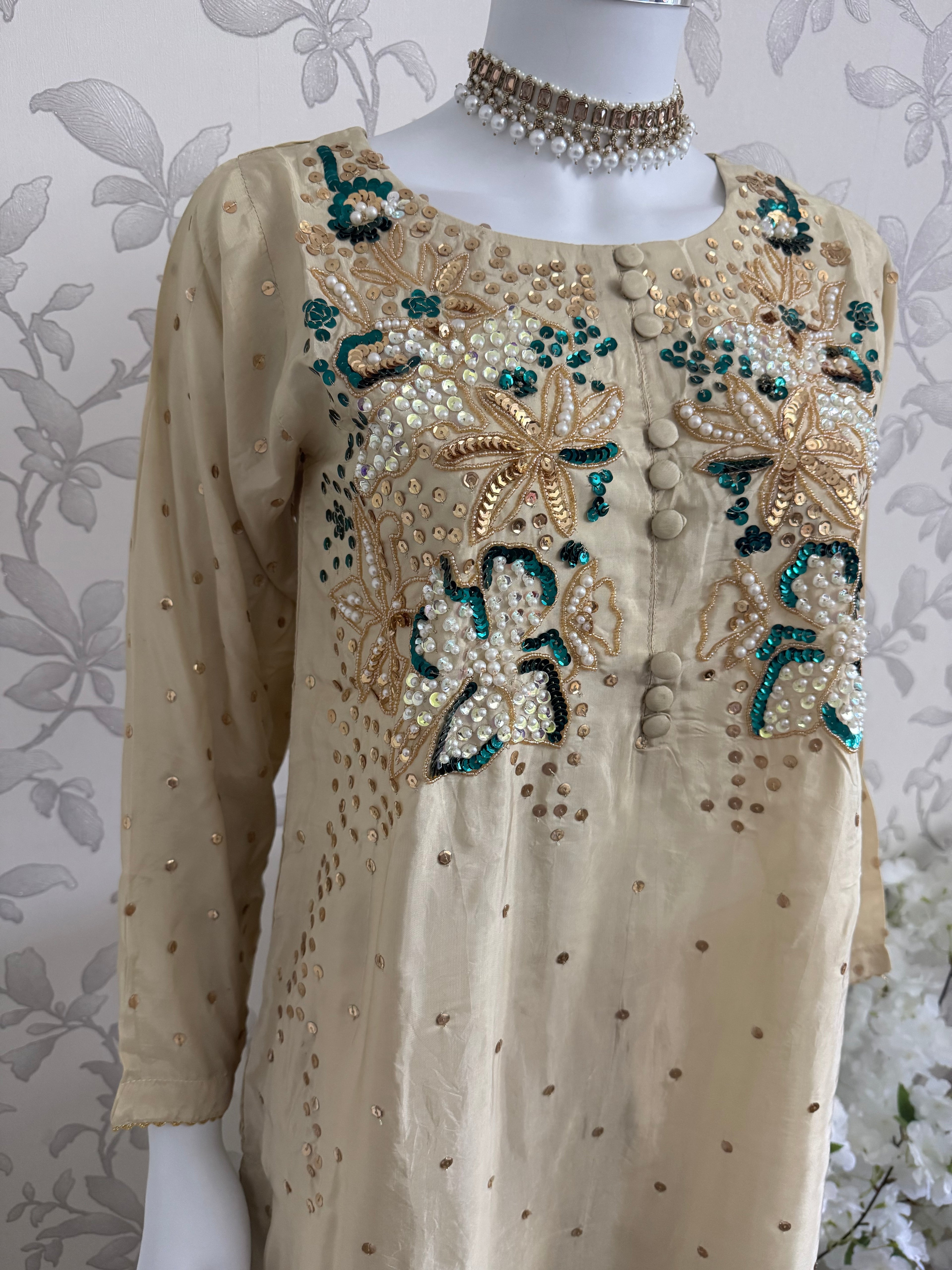 SILKY CHARM Luxury Embroidered Silk Suit with Pearl & Sequin Work