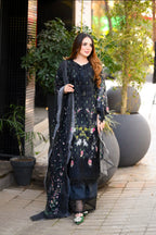 Black Floral Embroidered Lawn Suit – Luxury Pakistani 3 Piece Set with net Dupatta
