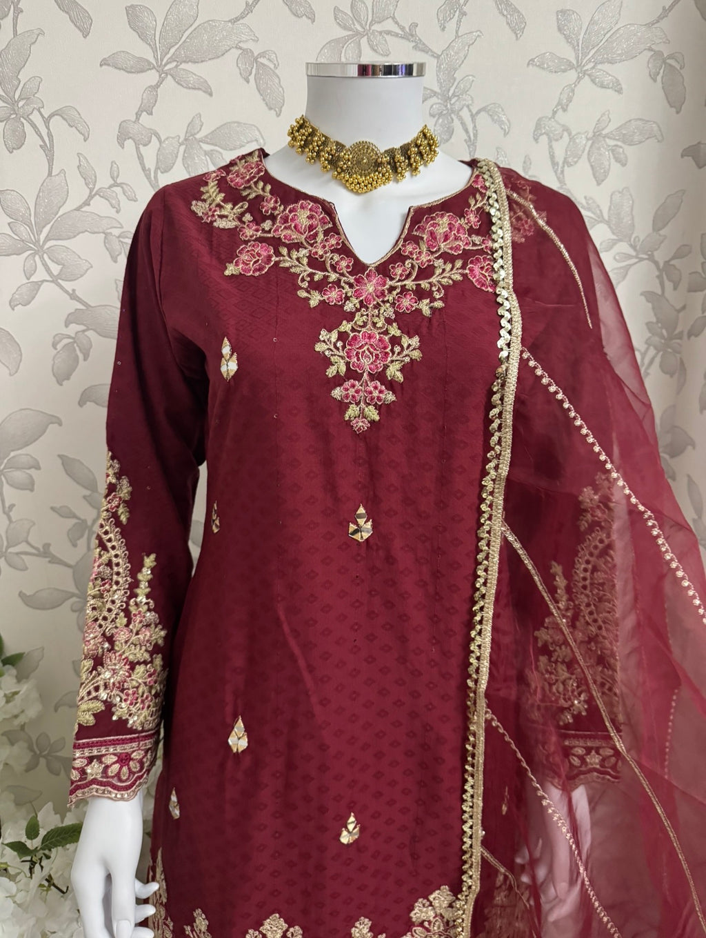 Maroon Embroidered Gharara Suit with organza Dupatta – Luxury Pakistani 3 Piece Set