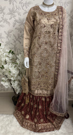 AMAIRA…. Champagne Gold & Maroon Embroidered Pakistani Gharara Suit with Net Dupatta