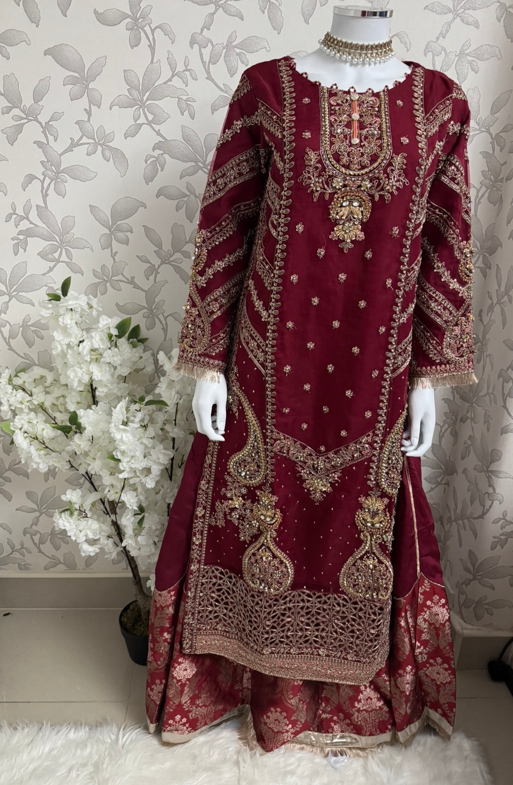GULAAB…. Deep Maroon Embroidered Pakistani Sharara Suit with Rose Gold Dupatta