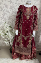 GULAAB…. Deep Maroon Embroidered Pakistani Sharara Suit with Rose Gold Dupatta
